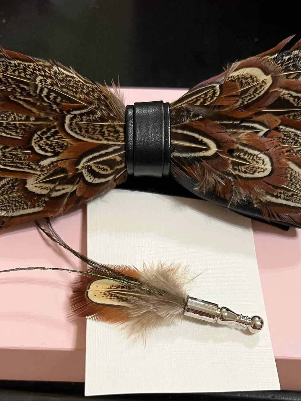 Feather Bow Tie and Lapel Pin Set - Brown Feather